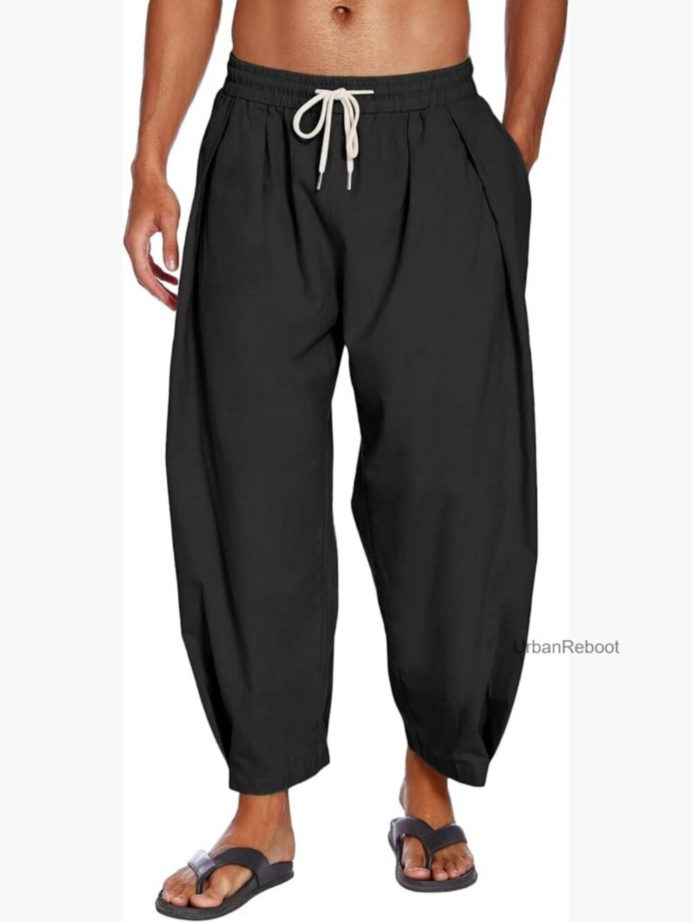 Linen Harem Pants Drawstring Casual Cropped Trousers Lightweight Loose Beach